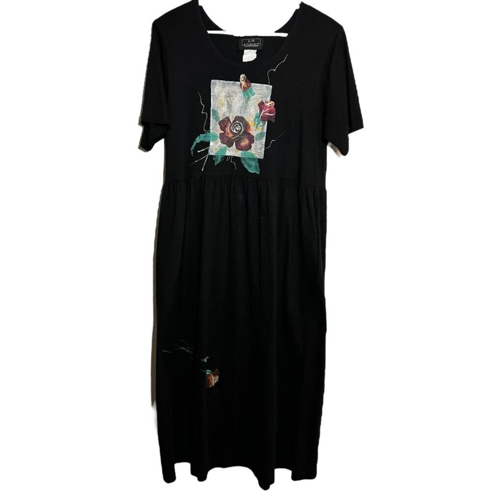 Vintage L.A. Artwear Dress 80s Art to Wear 100% Cotton Roses Pockets Black M